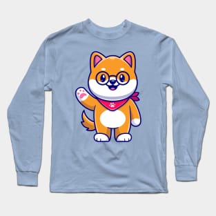 Cute Shiba Inu Dog Waving Hand Cartoon Long Sleeve T-Shirt